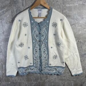 Koret Wome's Sz Medium Sweater Cream Cardigan Snowflake Embroidered